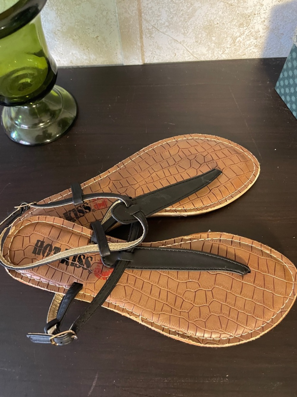 Hot Kiss Black T-Strap Sandals with Croc-Embossed Tan Footbed